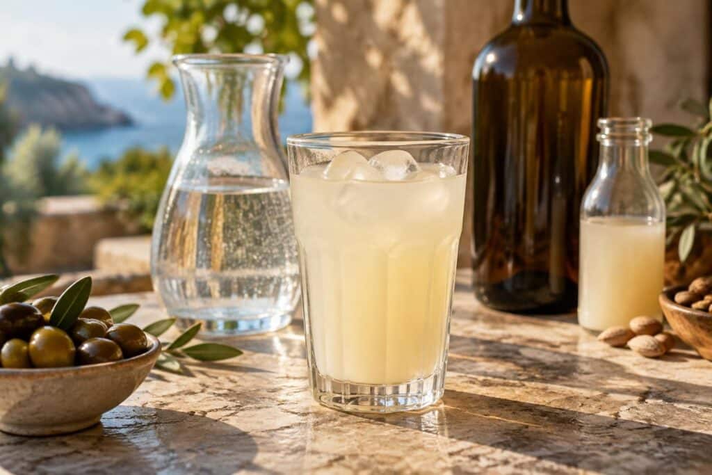 Verre de liquide jaune pâle trouble avec glaçons, carafe d'eau et bouteilles, illustrant une mauresque.