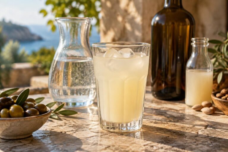 Verre de liquide jaune pâle trouble avec glaçons, carafe d'eau et bouteilles, illustrant une mauresque.