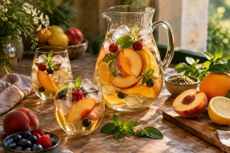 Carafe et verres avec une boisson ambrée claire, fruits et glaçons sur une table en bois