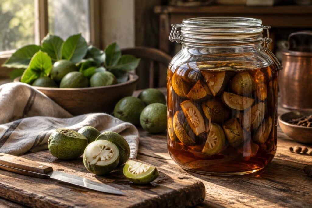 Bocal de noix vertes coupées dans un liquide ambré, couteau et fruits sur une table en bois