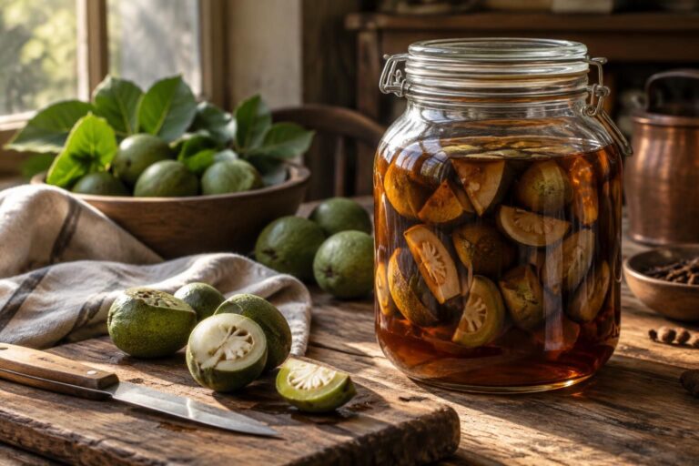 Bocal de noix vertes coupées dans un liquide ambré, couteau et fruits sur une table en bois